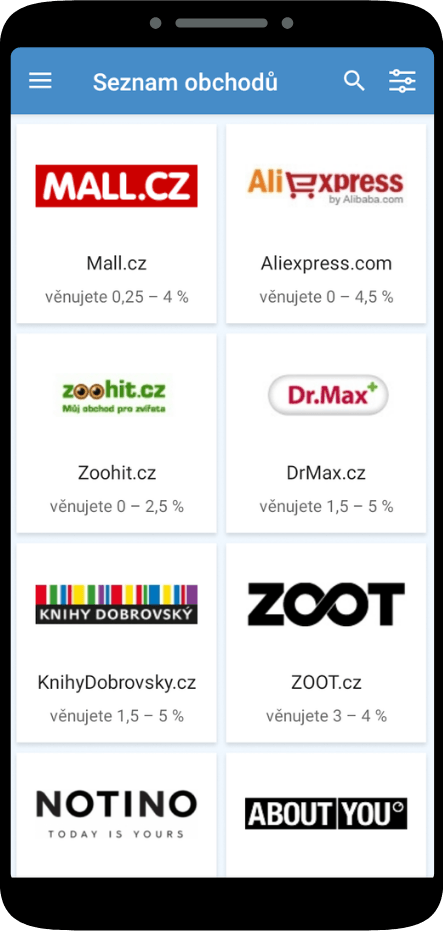 Screen shot mobilní aplikace